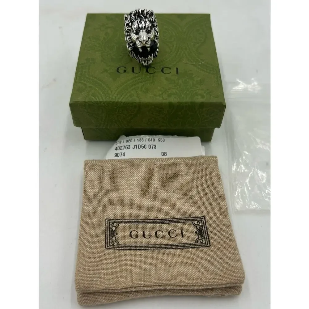 Unisex Gucci Lionhead sterling silver motif ring size 4 black crystal made Italy